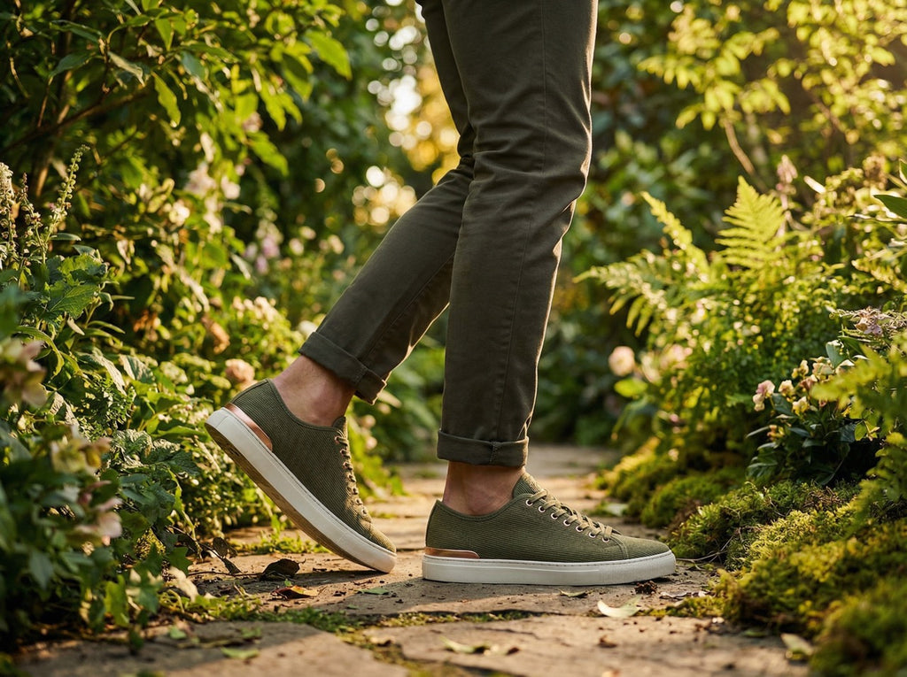 Person wearing green ERTH CLASX shoes and pants walking on a path surrounded by nature.